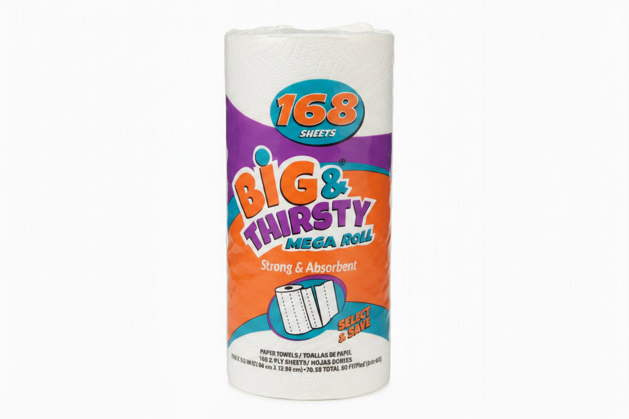Big & Thirsty Mega Roll paper towels. 168 2-ply sheets. 11 in X 5.5 in.