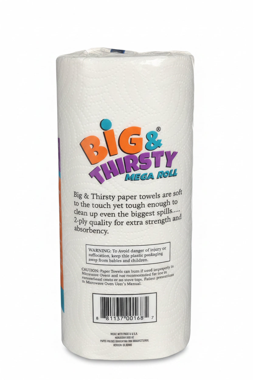 Big & Thirsty Mega Roll paper towels. 168 2-ply sheets. 11 in X 5.5 in.
